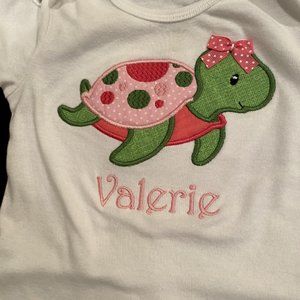 "Valerie" embroidered pink and green turtle onesie, size 6-12 months
